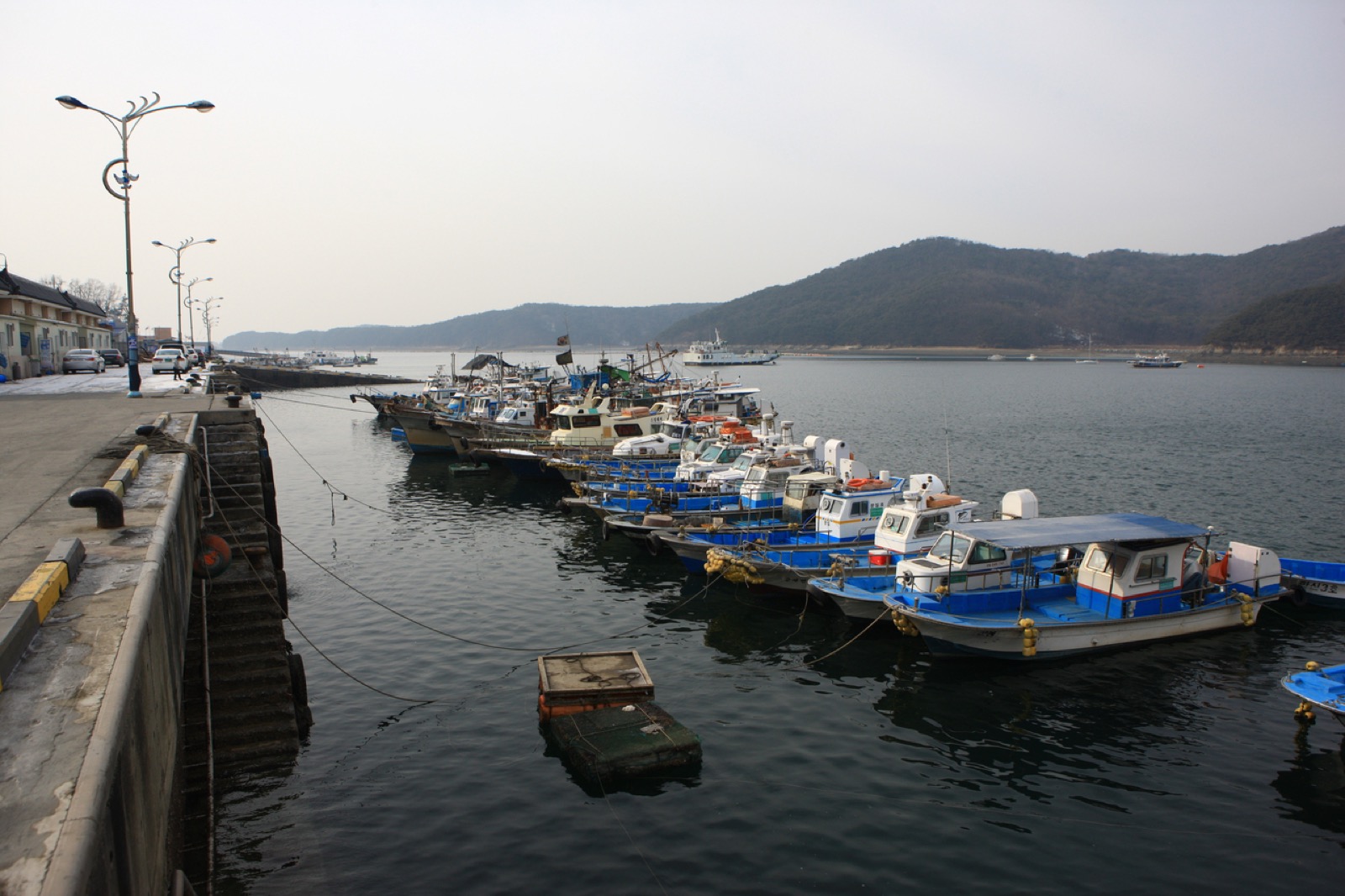 충남 보령 오천항 방파제를 따라 줄지어 묶인 소형 어선들